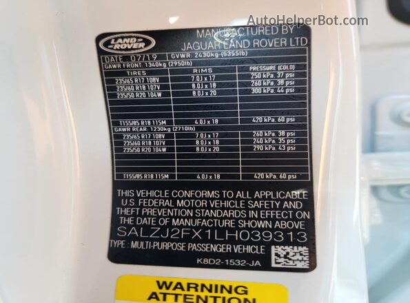 SALZJ2FX1LH039313 2020 LAND ROVER RANGE Белый Вид наклейки с VIN-кодом
