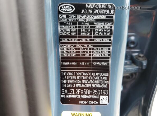 SALZL2FX5RH250193 2024 LAND ROVER RANGE Синий Вид наклейки с VIN-кодом