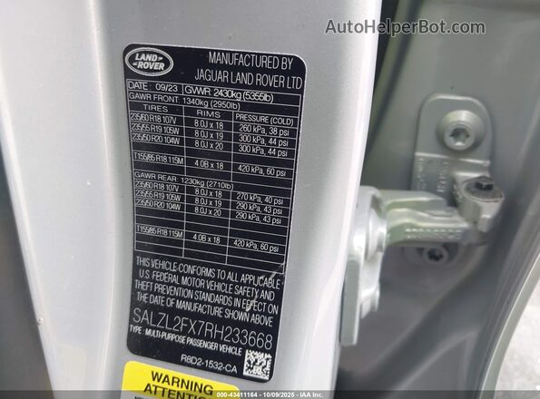 SALZL2FX7RH233668 2024 LAND ROVER RANGE ROVER EVOQUE Silver Widok komory silnika