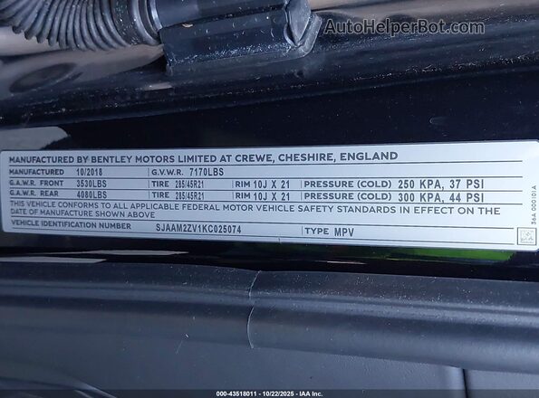 SJAAM2ZV1KC025074 2019 BENTLEY BENTAYGA Черный Вид подкапотного пространства
