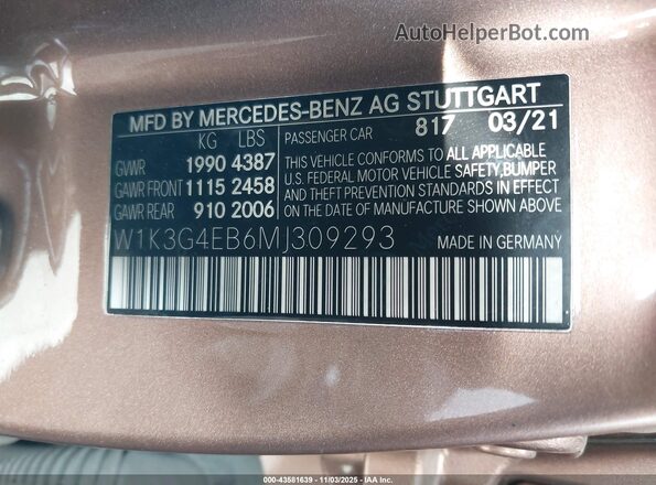 W1K3G4EB6MJ309293 2021 MERCEDES-BENZ A 220 Коричневый Вид подкапотного пространства