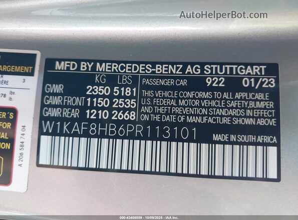 W1KAF8HB6PR113101 2023 MERCEDES-BENZ AMG C 43 Серебряный Вид подкапотного пространства