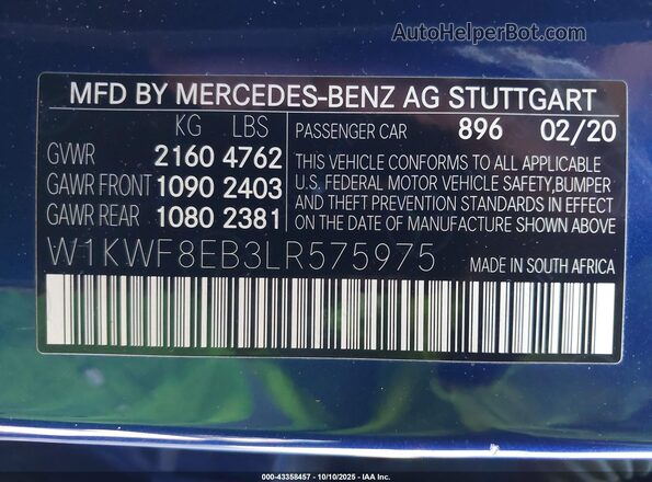 W1KWF8EB3LR575975 2020 MERCEDES-BENZ C-CLASS Blue ძრავის განყოფილების ხედი