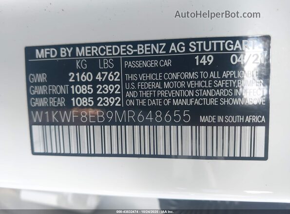 W1KWF8EB9MR648655 2021 MERCEDES-BENZ C-CLASS White Vista del compartimento del motor