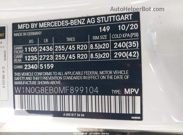 W1N0G8EB0MF899104 2021 MERCEDES-BENZ GLC 300 White Вид підкапотного простору