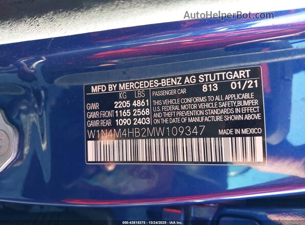 W1N4M4HB2MW109347 2021 MERCEDES-BENZ GLB-CLASS Синий Вид подкапотного пространства