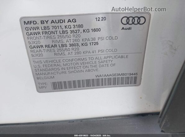 WA1AAAGE3MB019445 2021 AUDI E-TRON Белый Вид подкапотного пространства