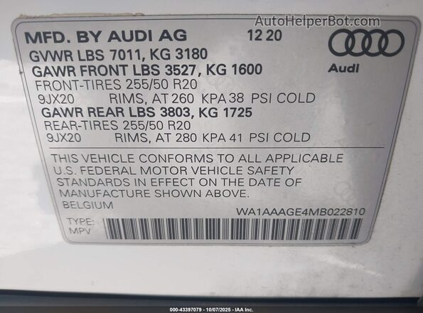 WA1AAAGE4MB022810 2021 AUDI E-TRON White Widok komory silnika