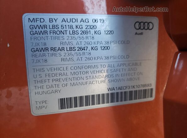 WA1AECF31K1078593 2019 AUDI Q3 Оранжевый Вид наклейки с VIN-кодом