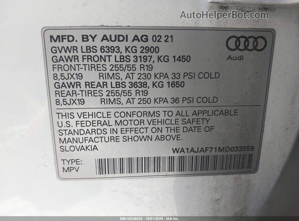 WA1AJAF71MD033559 2021 AUDI Q7 White Շարժիչի բաժամունքի տեսք
