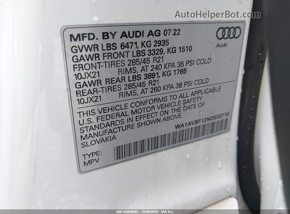WA1AVBF12ND033710 2022 AUDI Q8 Белый Вид подкапотного пространства