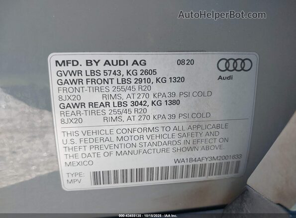 WA1B4AFY3M2001633 2021 AUDI SQ5 Серый Вид подкапотного пространства