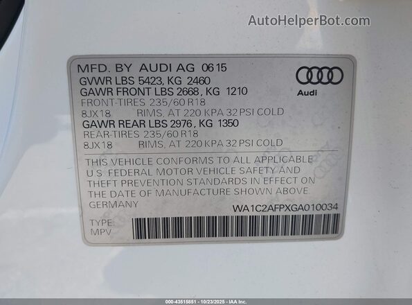 WA1C2AFPXGA010034 2016 AUDI Q5 White ძრავის განყოფილების ხედი