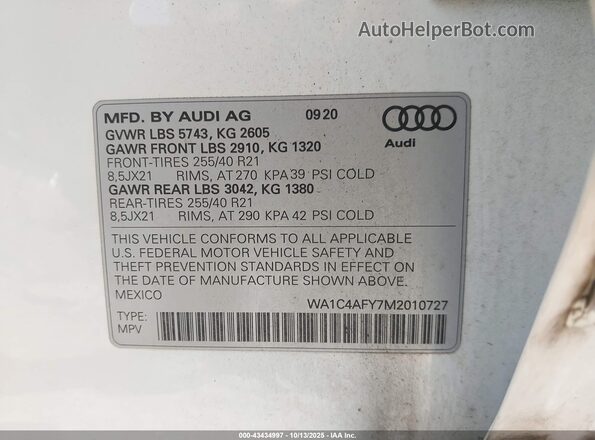 WA1C4AFY7M2010727 2021 AUDI SQ5 White Widok komory silnika