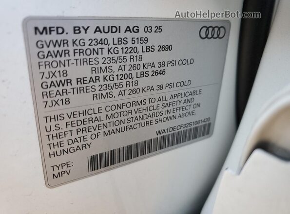 WA1DECF32S1061430 2025 AUDI Q3 Белый Вид наклейки с VIN-кодом