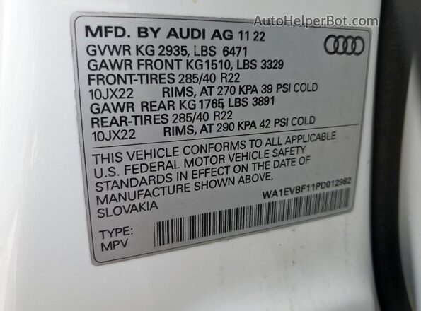 WA1EVBF11PD012982 2023 AUDI Q8 Белый Вид наклейки с VIN-кодом
