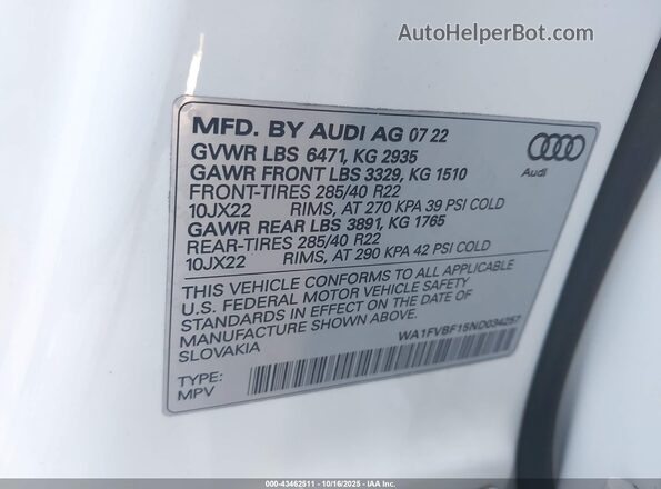 WA1FVBF15ND034257 2022 AUDI Q8 Белый Вид подкапотного пространства