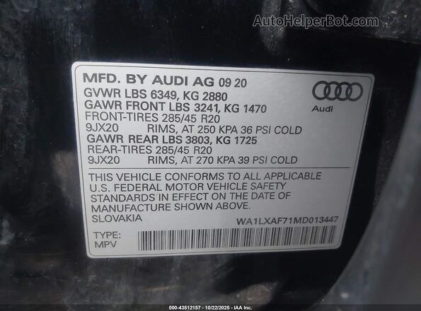 WA1LXAF71MD013447 2021 AUDI Q7 Black ძრავის განყოფილების ხედი