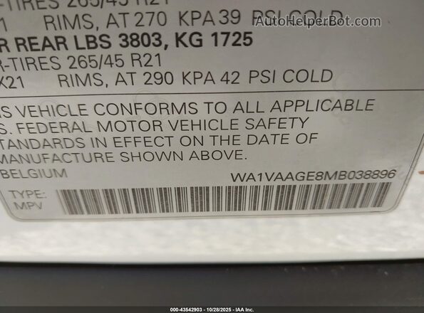 WA1VAAGE8MB038896 2021 AUDI E-TRON Белый Вид подкапотного пространства