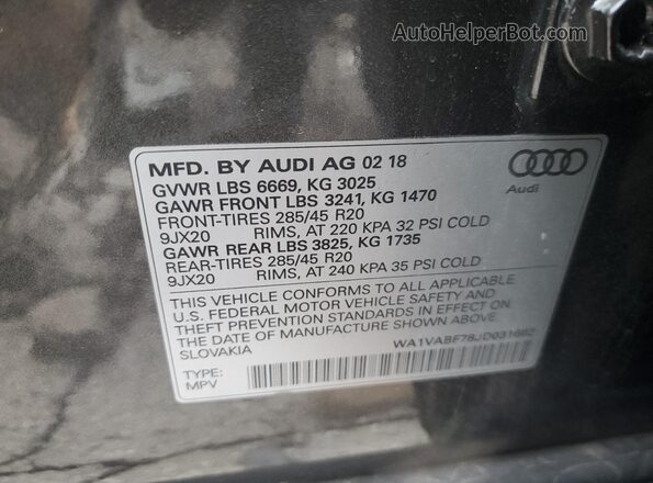 WA1VABF78JD031682 2018 AUDI Q7 Gray Вид наклейки з VIN-кодом