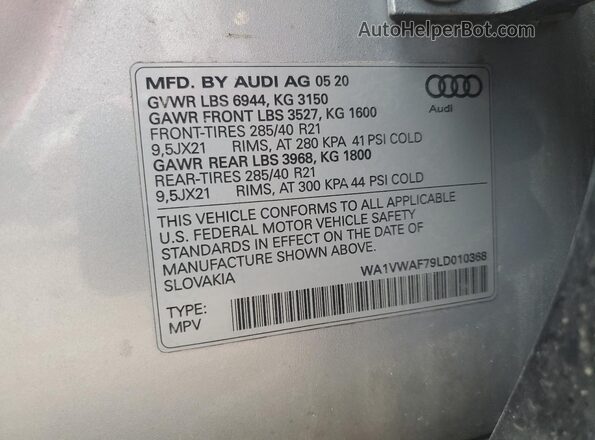 WA1VWAF79LD010368 2020 AUDI SQ7 Silver Панорамний вид салону 360°