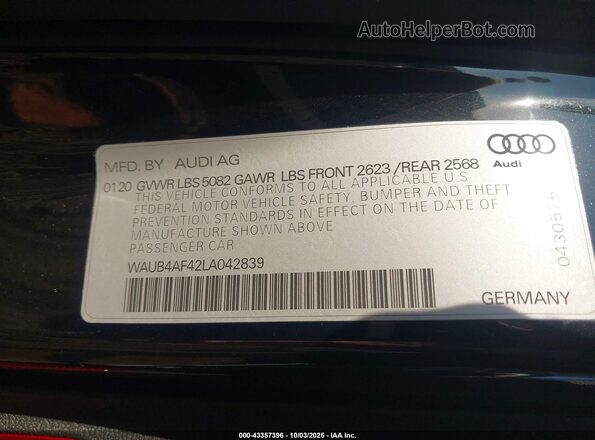 WAUB4AF42LA042839 2020 AUDI S4 Black Widok komory silnika