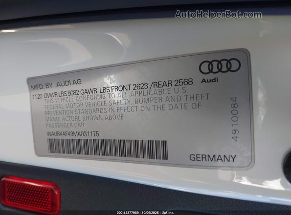 WAUB4AF49MA031175 2021 AUDI S4 White ძრავის განყოფილების ხედი