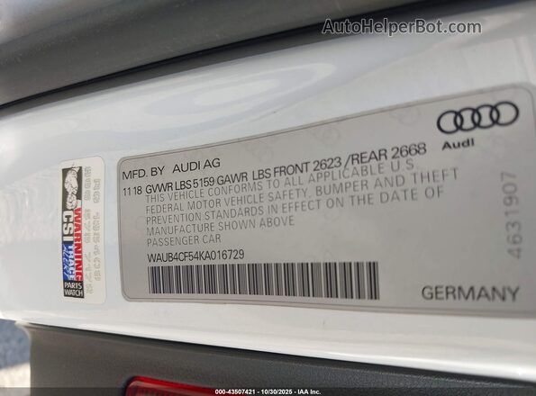 WAUB4CF54KA016729 2019 AUDI S5 Белый Вид подкапотного пространства