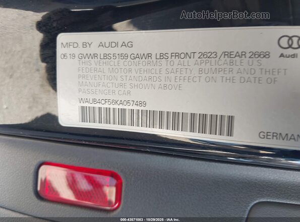 WAUB4CF56KA057489 2019 AUDI S5 Black Вид підкапотного простору