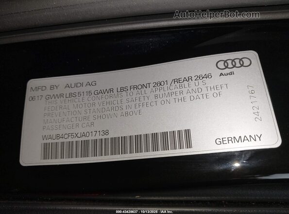 WAUB4CF5XJA017138 2018 AUDI S5 Black Widok komory silnika