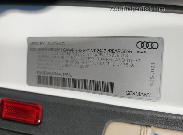 WAUEAAF40MA016568 2021 AUDI OTHER Белый Вид наклейки с VIN-кодом