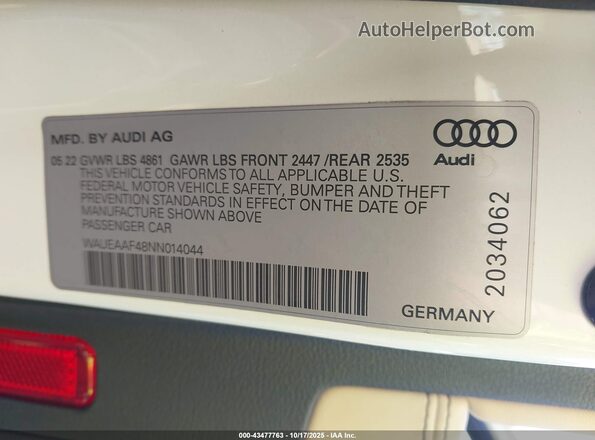 WAUEAAF48NN014044 2022 AUDI OTHER Белый Вид подкапотного пространства