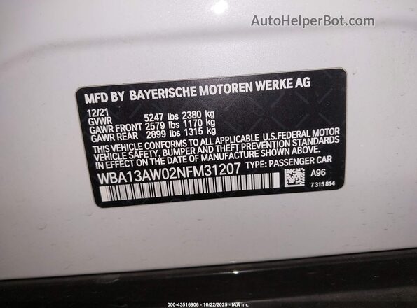 WBA13AW02NFM31207 2022 BMW OTHER White Widok komory silnika