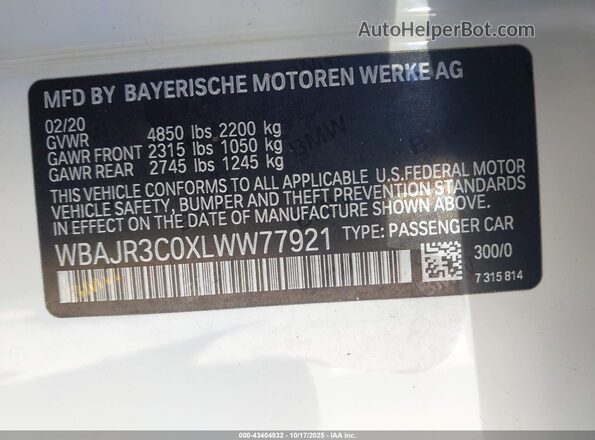 WBAJR3C0XLWW77921 2020 BMW OTHER White Вид підкапотного простору