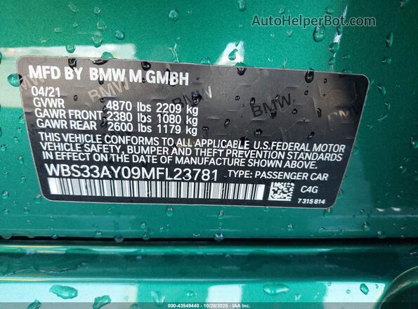 WBS33AY09MFL23781 2021 BMW M3 Зеленый Вид подкапотного пространства