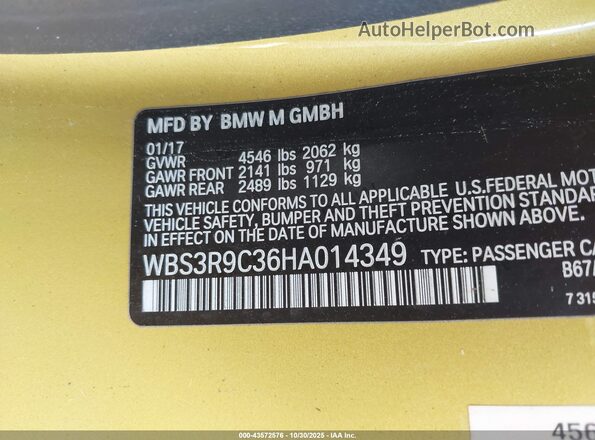 WBS3R9C36HA014349 2017 BMW M4 Желтый Вид подкапотного пространства