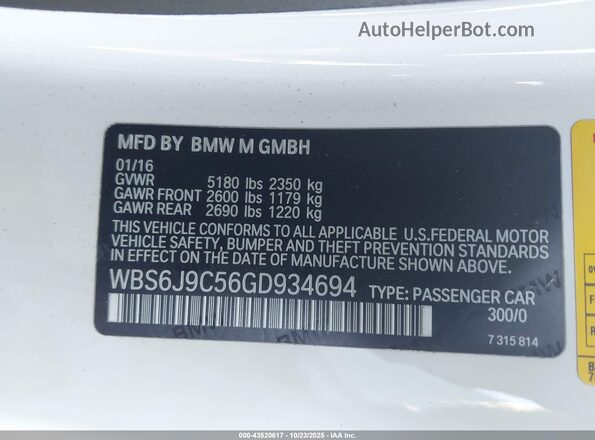 WBS6J9C56GD934694 2016 BMW M6 Белый Вид наклейки с VIN-кодом
