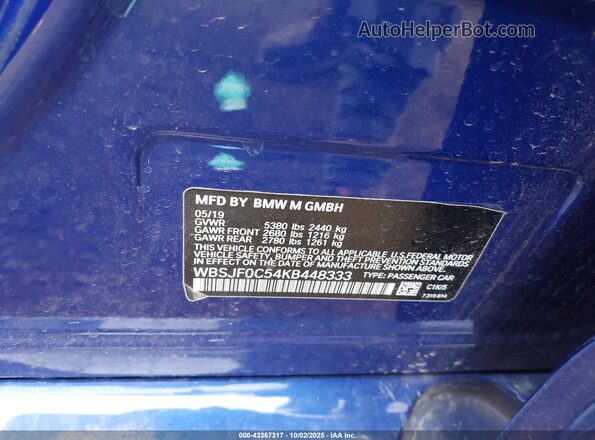 WBSJF0C54KB448333 2019 BMW M5 Blue Vista del compartimento del motor
