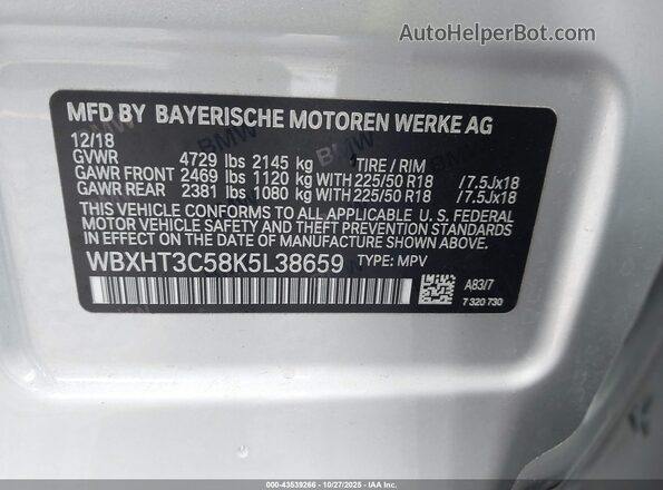 WBXHT3C58K5L38659 2019 BMW X1 Серый Вид подкапотного пространства