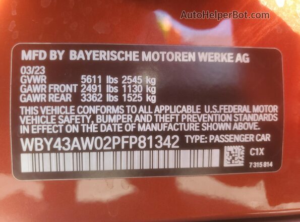 WBY43AW02PFP81342 2023 BMW I4 Оранжевый Вид наклейки с VIN-кодом