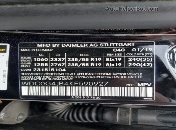 WDC0G4JB4KF590927 2019 MERCEDES-BENZ GLC-CLASS Black Widok wnętrza 360 stopni