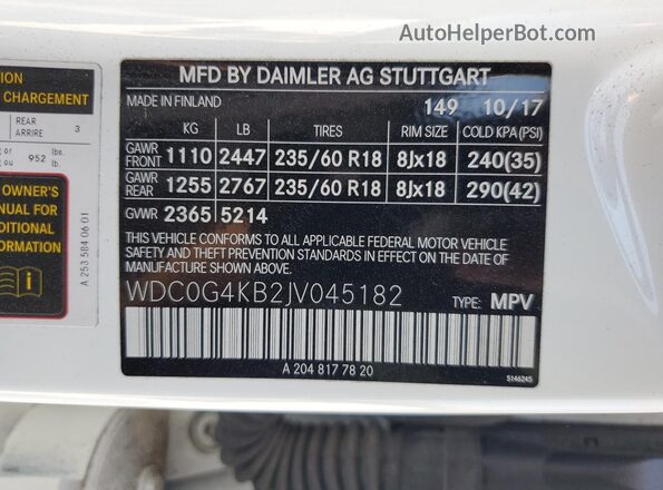 WDC0G4KB2JV045182 2018 MERCEDES-BENZ GLC-CLASS Белый Вид наклейки с VIN-кодом