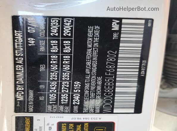 WDC0G8EB5LF687802 2020 MERCEDES-BENZ GLC-CLASS White Widok wnętrza 360 stopni