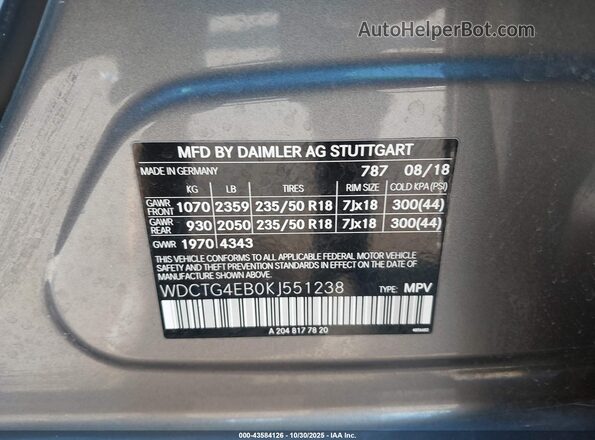 WDCTG4EB0KJ551238 2019 MERCEDES-BENZ GLA 250 Gray Вид підкапотного простору