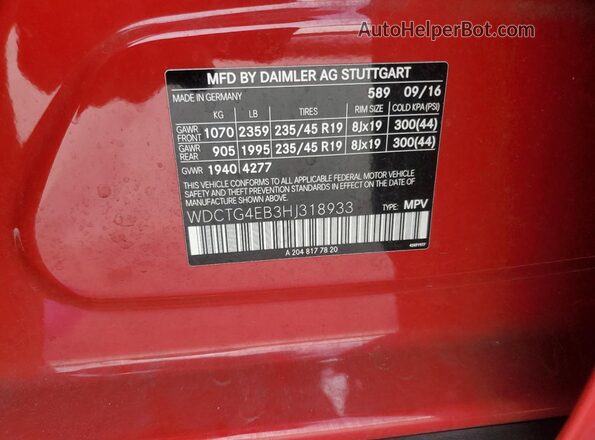 WDCTG4EB3HJ318933 2017 MERCEDES-BENZ GLA Красный Панорамный вид салона 360°