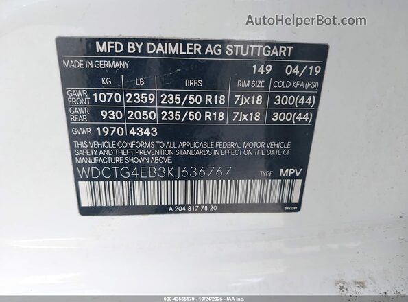 WDCTG4EB3KJ636767 2019 MERCEDES-BENZ GLA 250 Белый Вид подкапотного пространства