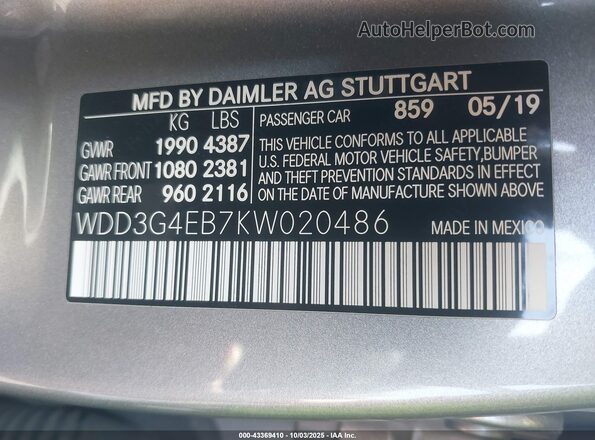 WDD3G4EB7KW020486 2019 MERCEDES-BENZ A 220 Серый Вид подкапотного пространства