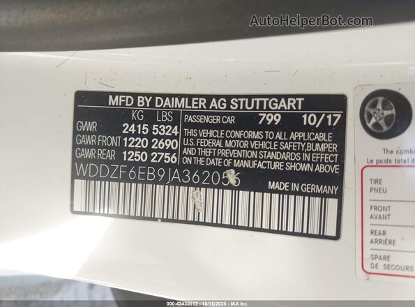 WDDZF6EB9JA362056 2018 MERCEDES-BENZ AMG E 43 Белый Вид подкапотного пространства