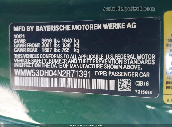 WMW53DH04N2R71391 2022 MINI HARDTOP Зеленый Вид подкапотного пространства