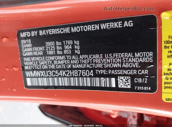 WMWXU3C54K2H87604 2019 MINI HARDTOP Оранжевый Вид подкапотного пространства
